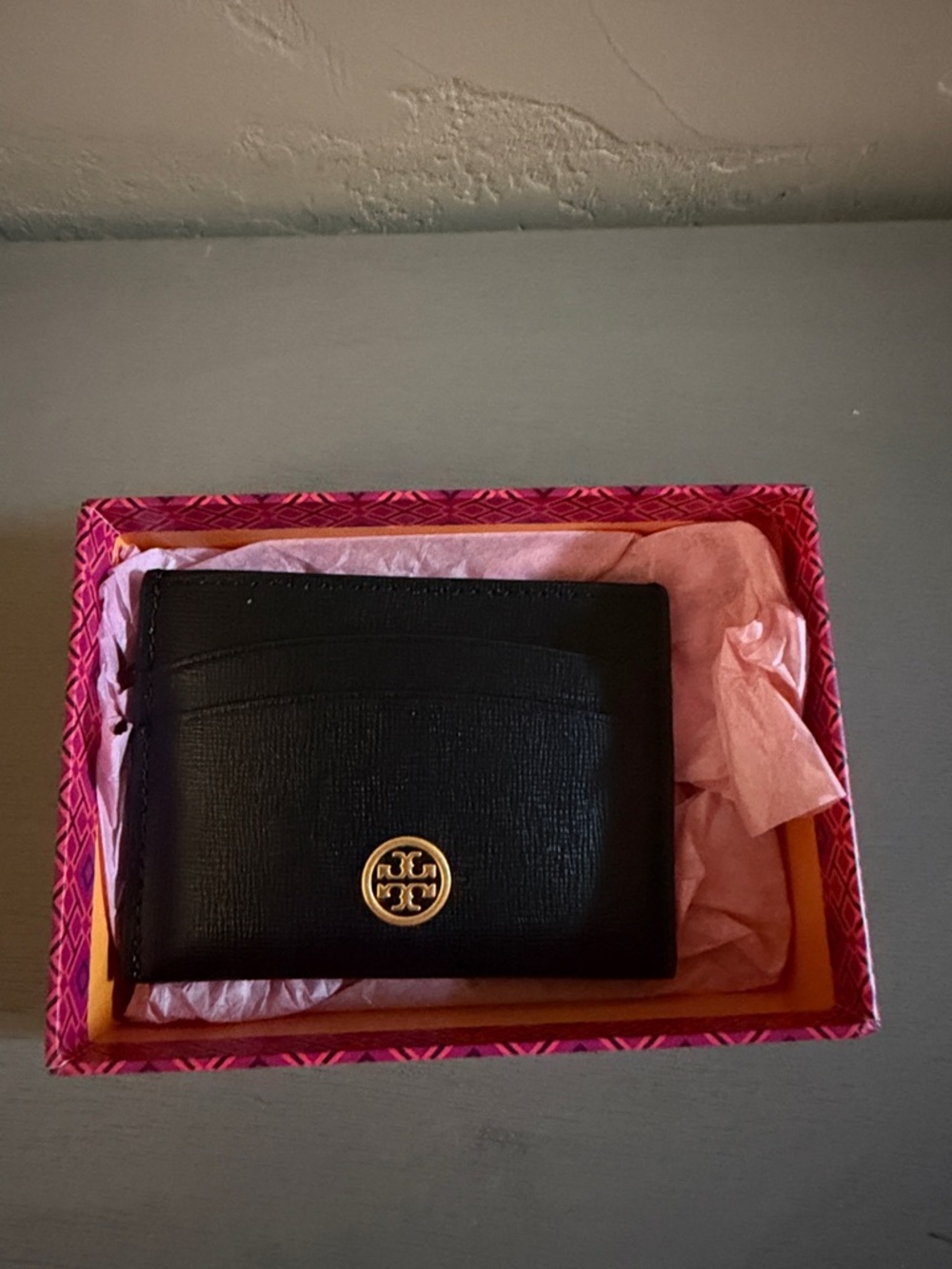 Tory Burch Black Leather Card Wallet with Gold Logo Emblem